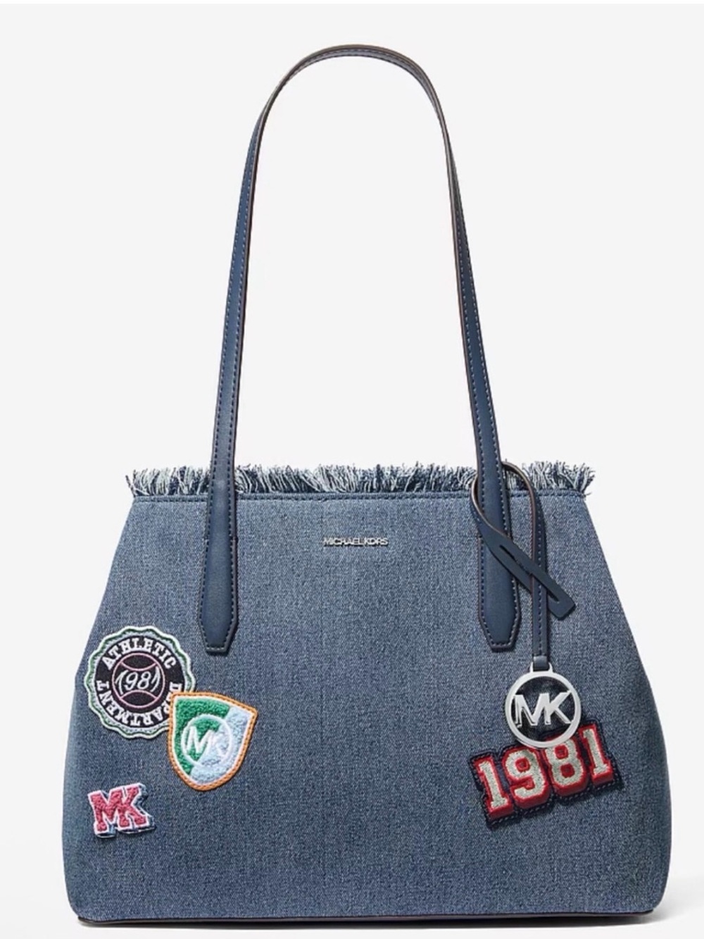 MICHAEL KORS WASHED DENIM CONVERTIBLE TOTE WITH PATCHES BAG CHARM